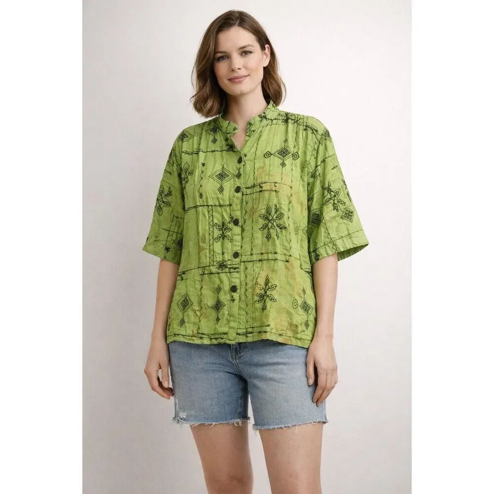 Vintage Bleu Bayou Silk Blouse Green Embroidered Button Up L